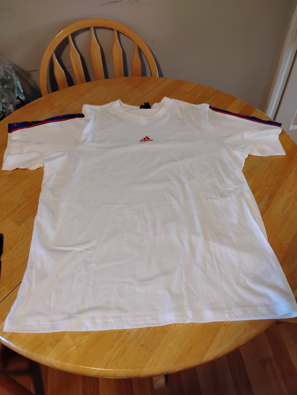 adidas White Short Sleeve Tee with Red Logo and Blue-Red Shoulder Stripes